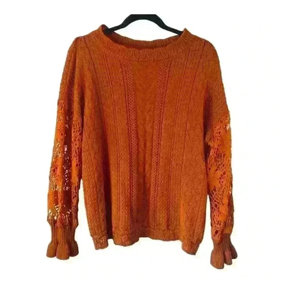 Women's Burnt Orange‎ Crochet Pointelle Knit Sweater Size Large Fall Boho Autumn - Picture 1 of 10